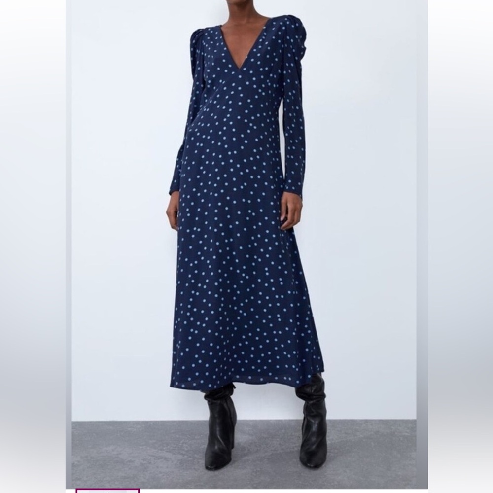 Zara Blue and White Puff Sleeve A-line Dress - Preloved